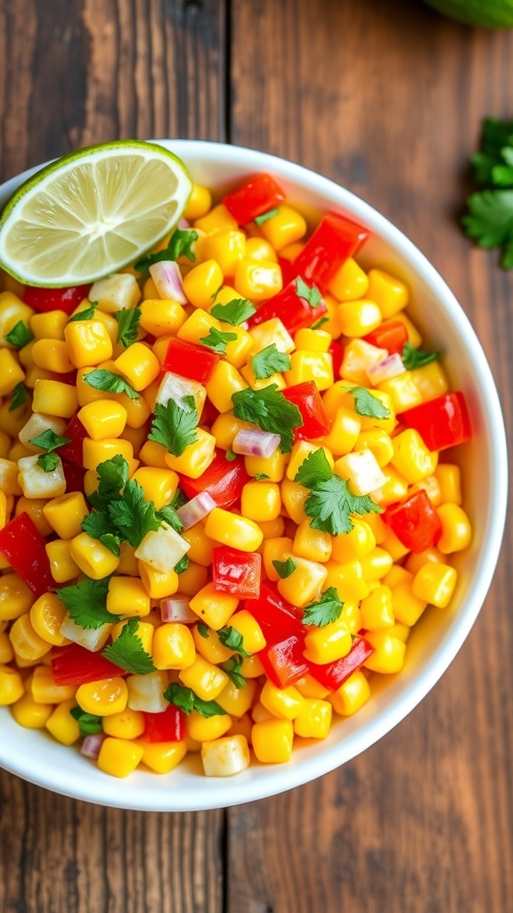 A vibrant sweet corn salad with corn, bell peppers, and cilantro in a bowl on a wooden table.
